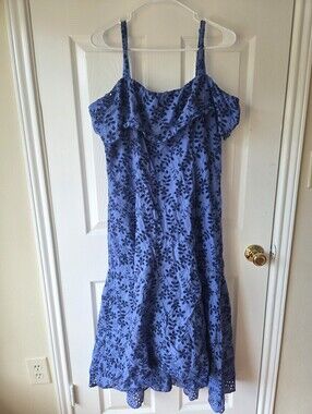 Taylor Women's Midi Eyelet Dress Size 14 Lined Blue Floral Stappy Garden Cottage